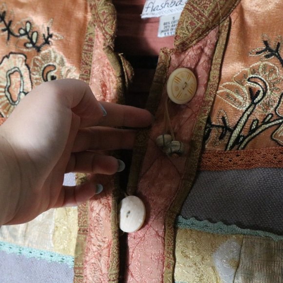 Vintage Flashback Boho Patchwork Tapestry Button Jacket Floral Striped Cotton - Picture 5 of 8